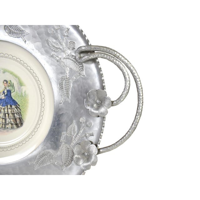 Beautiful handmade hammered wrought aluminum large tray with beautiful inserted Victorian plate in the middle and unique...