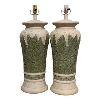Vintage Monumental Pair of Plaster Tropical Table Lamps For Sale