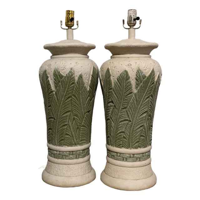 Vintage Monumental Pair of Plaster Tropical Table Lamps For Sale