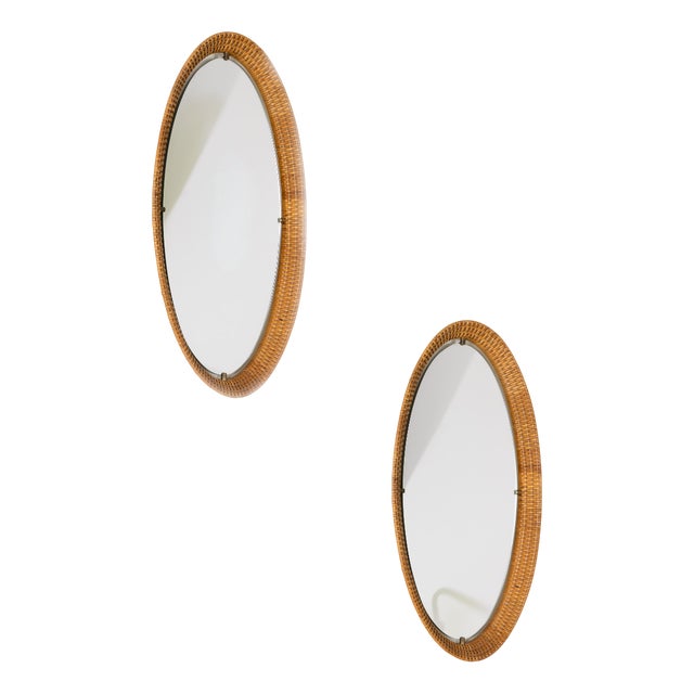 Oval Rattan Mirrors, Set of 2 For Sale