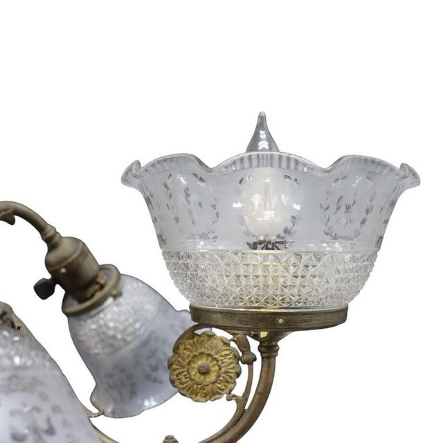 Metal Brass Electric & Gas 7-Light Chandelier & Diamond Cut Ruffled Glass Shades C1890 For Sale - Image 7 of 13