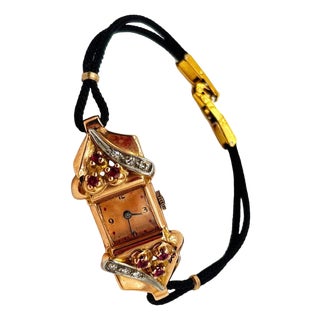 1940s Women's 14k Gold Wristwatch W/ Ruby & Diamond Accents by Jacoby-Bender For Sale