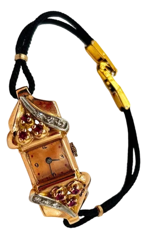 1940s Women's 14k Gold Wristwatch W/ Ruby & Diamond Accents by Jacoby-Bender