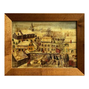 Vintage Hand Painted Folk Art Winter Landscape Canvas Print by Jean Halter, Framed