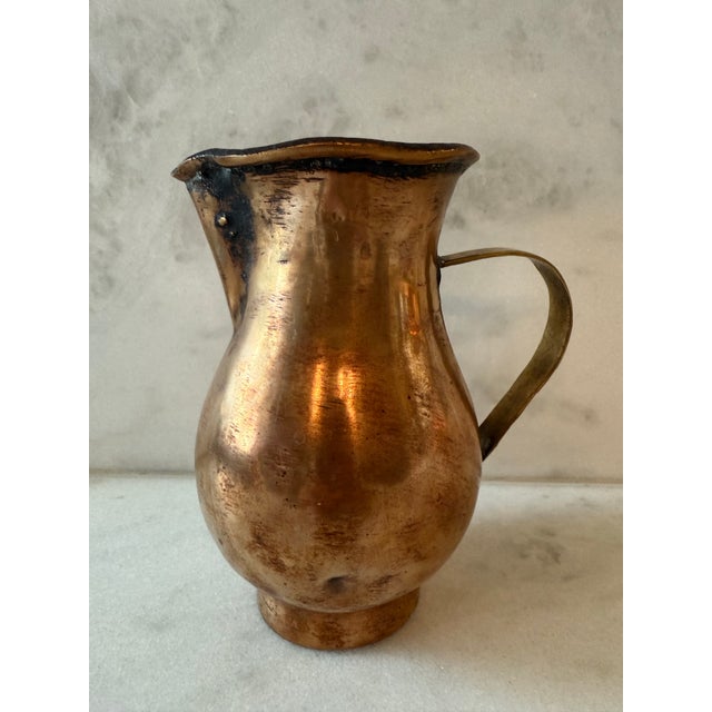 Farmhouse Antique Handmade Hammered Copper Small Pitcher For Sale - Image 3 of 10