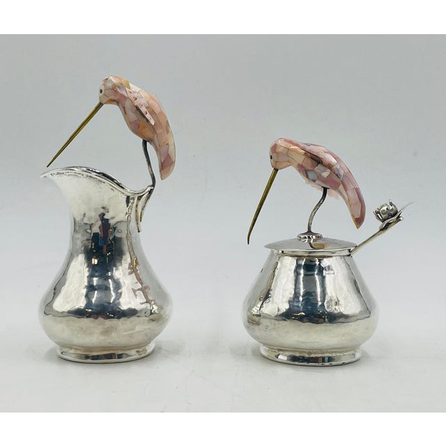 Metal Los Castillo Silver Hummingbird Creamer, Sugar & Ladle, Taxco 1960s For Sale - Image 7 of 18