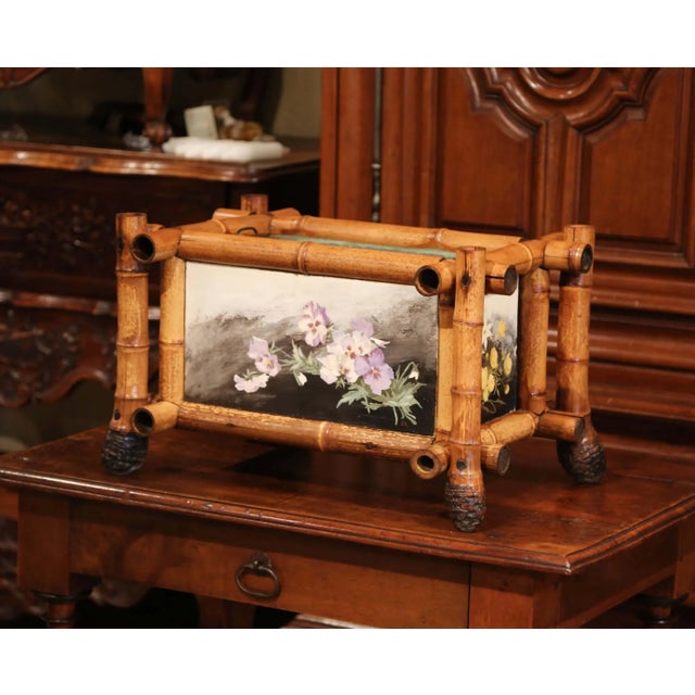 Wood Early 20th Century French Bamboo Jardinière With Hand-Painted Floral Panels For Sale - Image 7 of 12
