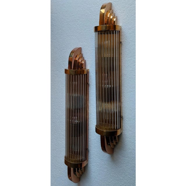 1940s Pair Vintage 1940s Art Deco Skyscraper Wall Sconces Fixture in Brass & Glass Rod Ship Light For Sale - Image 5 of 5