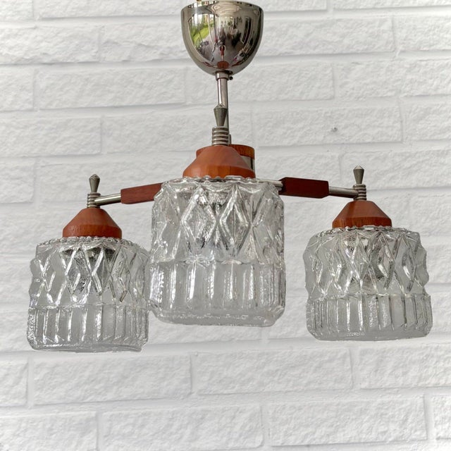 Mid-Century Modern Scandinavian Ceiling Lamp in Teak with Chrome Steel and Glass, Sweden, 1950s For Sale - Image 3 of 10
