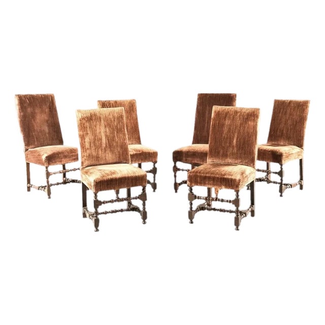 Continental Baroque Walnut Stretcher Base Dining Chairs-Set of Six For Sale
