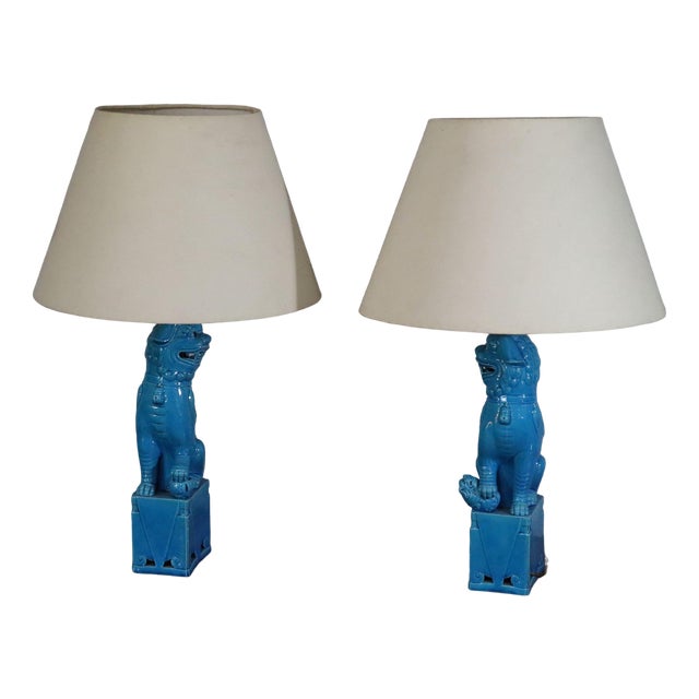 Vintage Chinese Ceramic Foo Dog Lamps, 1970s, Set of 2 For Sale