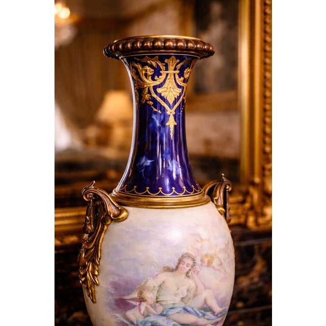 1850s Sevres Louis XVI Blue Bronze Porcelain Vases - Pair For Sale - Image 11 of 18