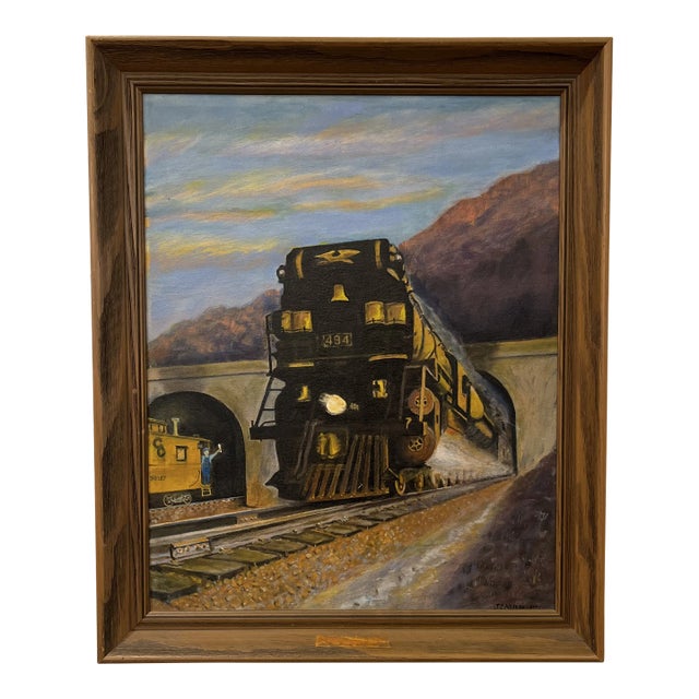 Realist Mountain Landscape With Train Painting by J. Nelson 1971 For Sale
