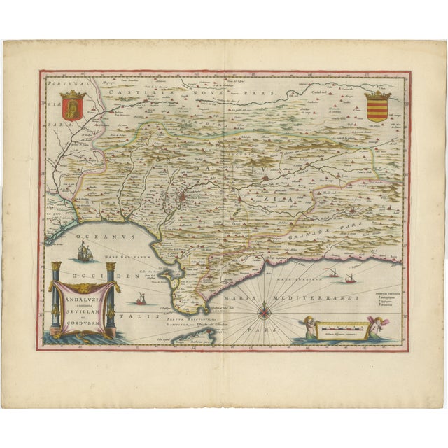 Blaeu Andalusia Map, Seville Cordoba Granada Spain, c.1642 : A richly engraved and highly decorative map of Andalusia in...