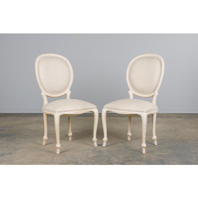 Mid 20th Century Napoleon III Style Faux Rope Painted Side Chairs in Cream Fabric - A Pair For Sale - Image 5 of 12