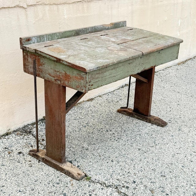 Antique French Primitive Rustic Green Distress Painted Flip Top Wood School Desk For Sale - Image 17 of 17
