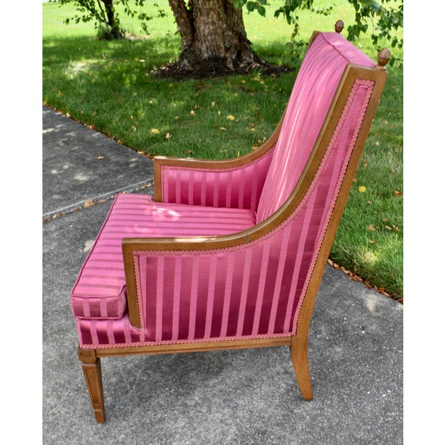 Bergere Armchair Hollywood Regency Style Pink Magenta Striped Satin Accent Chair For Sale - Image 4 of 14