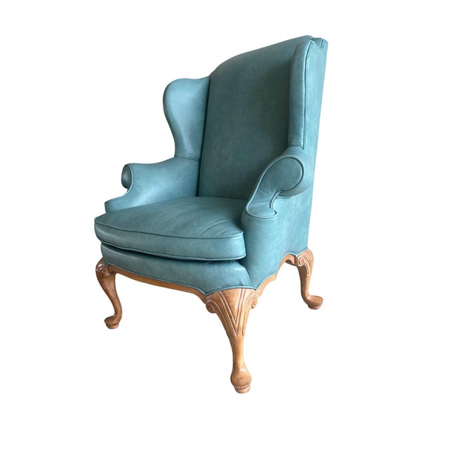 1930s Ethan Allen Style Leather Chippendale Two/Three Seat Sofa and Wing Chair Set For Sale - Image 5 of 7