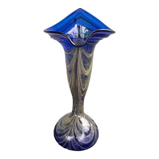 Vintage Bohemian Cobalt Blue Pulled Feathered Handblown Art Glass Vase 9.75” For Sale