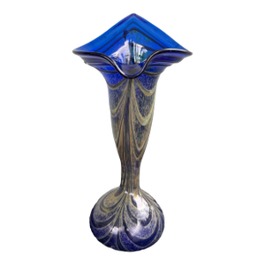 Vintage Bohemian Cobalt Blue Pulled Feathered Handblown Art Glass Vase 9.75”