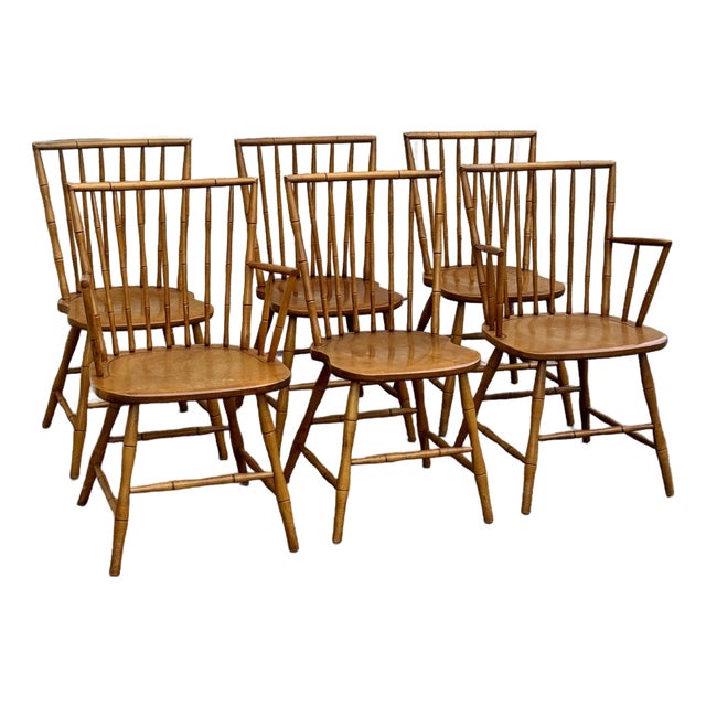 Set of 6 Windsor Style Spindle Back Dining Chairs, Warm Honey Tone For Sale