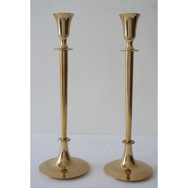 Mid-Century Modern Polished Brass Candlesticks Candle Holders - A Pair For Sale - Image 3 of 9