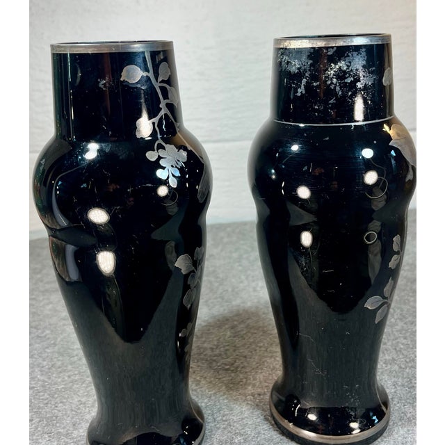 Art Deco Mid 20th Century Pair of Black Amethyst Art Glass Vases Marked Czechoslovakia For Sale - Image 3 of 8