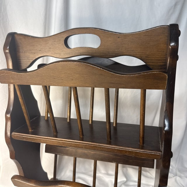 Wood Vintage MCM 2 Tier Floor Magazine Wood Rustic Spindle Rack For Sale - Image 7 of 7