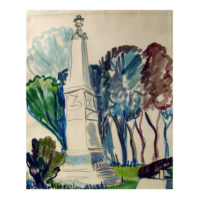 Mid 20th Century Fannin Monument Goliad Texas Watercolor Painting For Sale