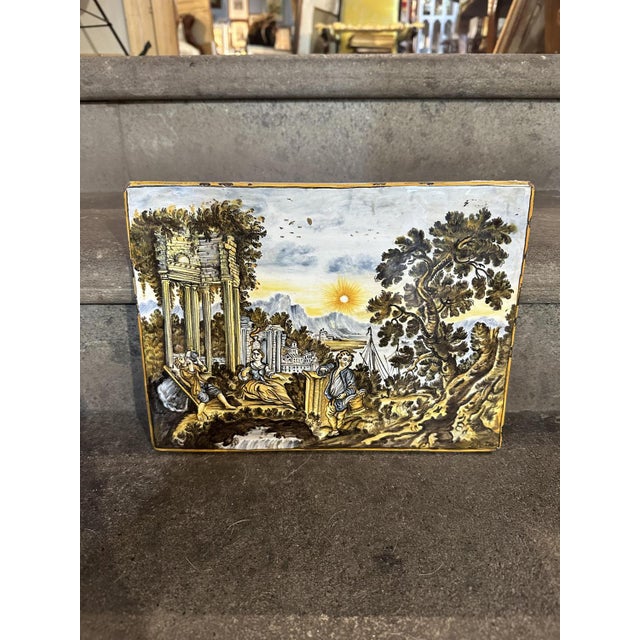 Castelli Majolica Tile Depicting a River Landscape with Architectural Ruins, Boats and Figures in the Foreground, 1970s For Sale - Image 9 of 9