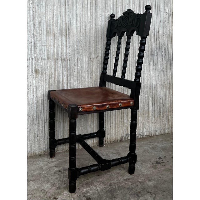 19th Carved French Oak Brown Leather Lion Dining Chairs, Henry II For Sale - Image 11 of 18