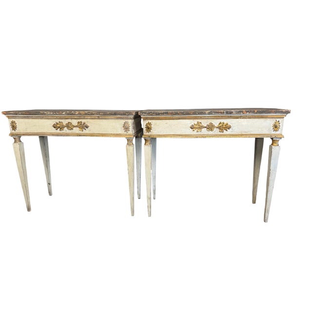 Pair of Italian Neoclassical Painted and Parcel-Gilt Console Tables, 19th Century — Faux Top, Carved Giltwood Swags and...