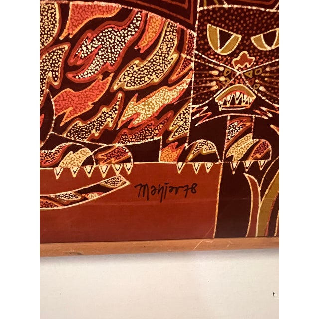 Red Large Vintage Tribal Folk Art Batik Fabric Painting Art With Mid Century Modern Influence, Signed and Dated For Sale - Image 8 of 9