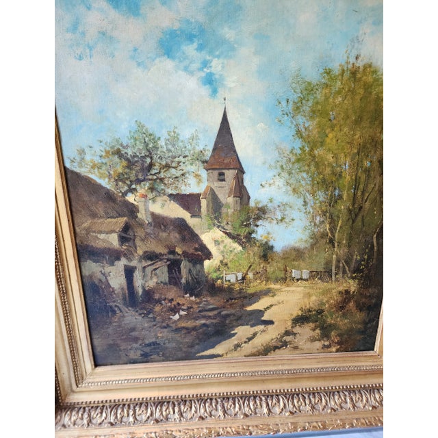 Antique French oil painting with antique gilt frame by noted artist Eugene Galien-Laloue 1854-1941. Picturesque village...