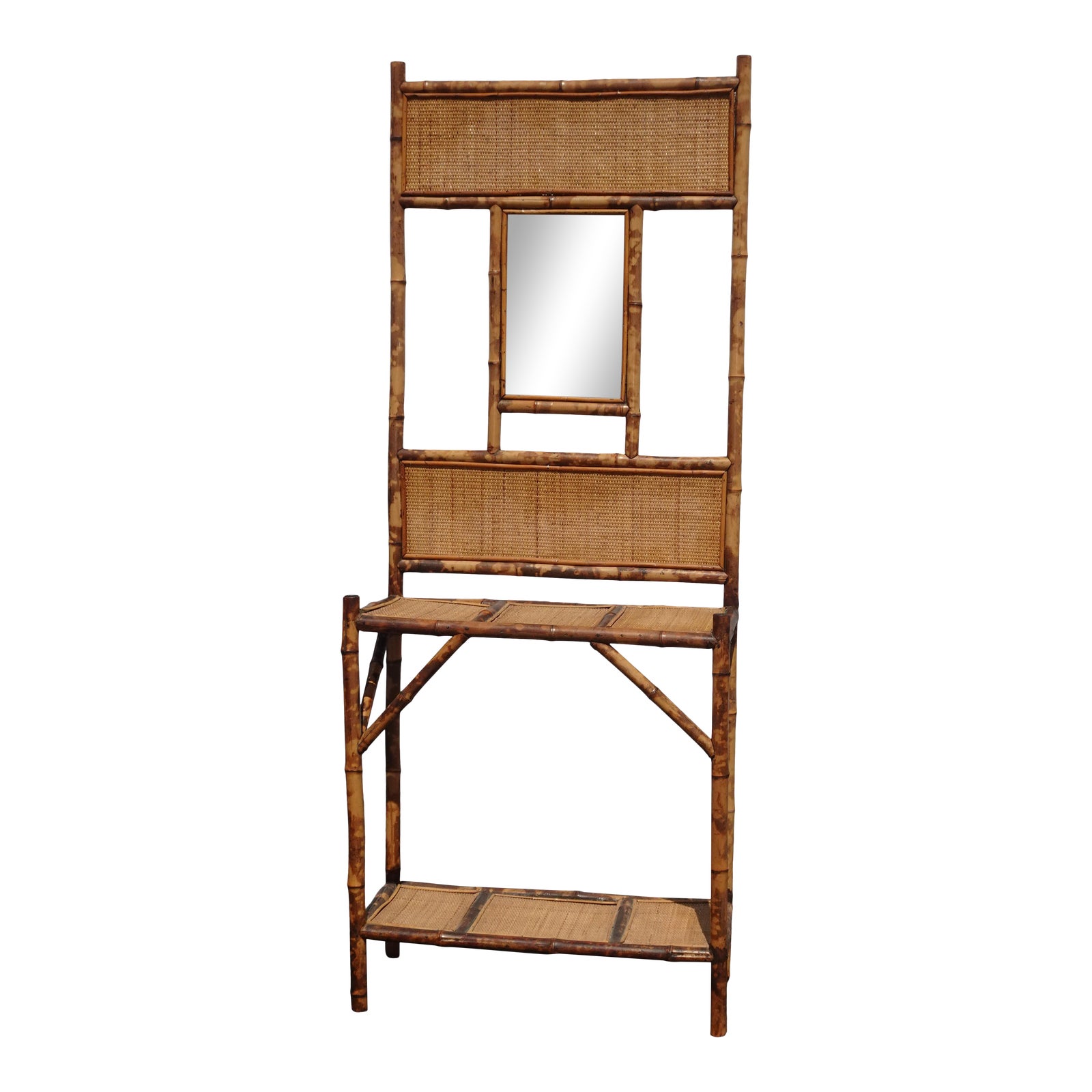 Vintage French Country Bamboo Rattan Hall Tree Side Table W Mirror