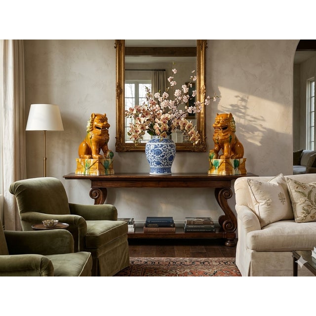 Chinese Pair Chinese Tri-Color Mustard Yellow Glaze Fengshui Lions Foo Dogs For Sale - Image 3 of 15