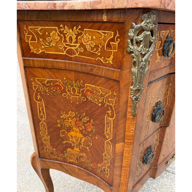 Vintage Louis XV Style Floral Marquetry Bombe Commode With Marble Top For Sale - Image 13 of 18
