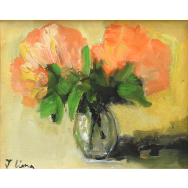 French Country Peachy Bouquet of Flowers Oil Painting Including the Antiqued Gold Wood Frame For Sale - Image 3 of 5