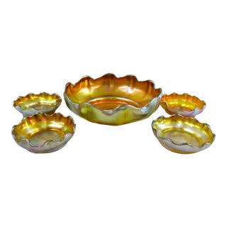 1930s Louis Comfort Tiffany Iridescent Gold Favrile Ruffled Glass Nut Bowls- 5 Pieces For Sale