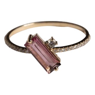 1990s 14K Gold Pink Tourmaline and Diamond Ring, Size 7.75 For Sale