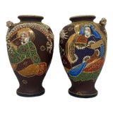 Early 20th Century Japanese Mariage Dragon Satsuma Ceramic Hand-Painted Vases - a Pair For Sale