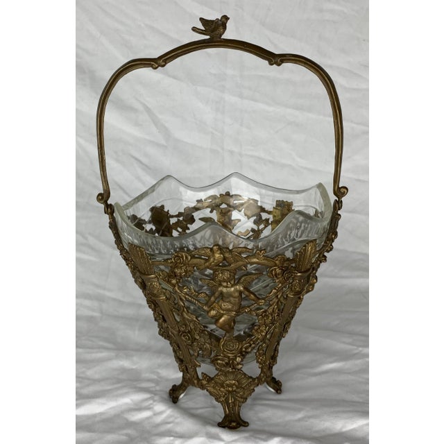 Vintage Brass Filigree and Cut Glass Basket Vase. For Sale - Image 11 of 12