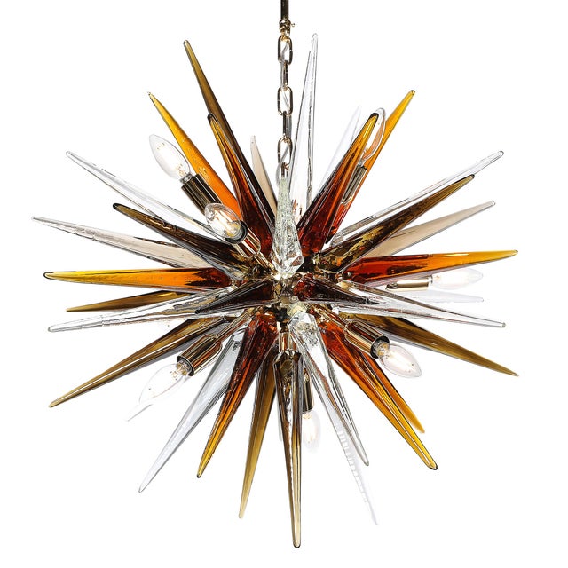 Modern Modernist Mixed Hand-Blown Murano Glass Spike Form Sputnik Chandelier W/ Brass For Sale - Image 3 of 18