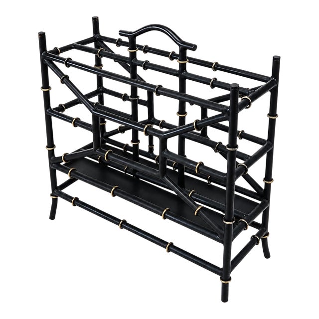 Regency Style Black & Gilt Tole Faux Bamboo Magazine Rack For Sale