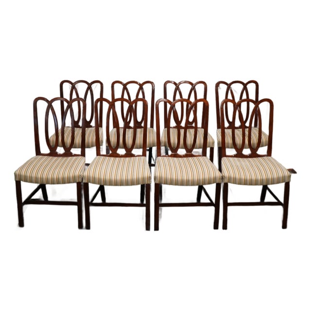 Set of 8 Walnut Dining Chairs With Striped Velvet Upholstery Attributed to Dessin Fournir For Sale