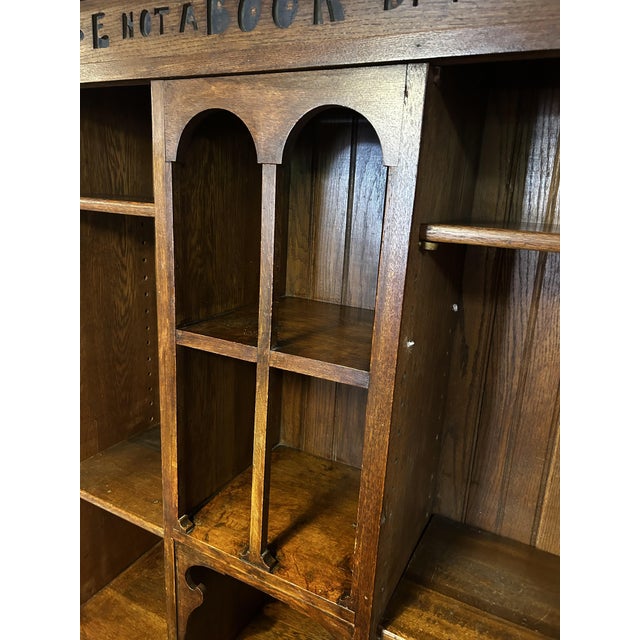Brown English Arts & Crafts Oak Bookcase with Judge Not A Book By The Cover Motto, 1910 For Sale - Image 8 of 10