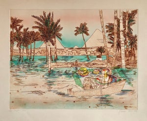 Susan Hall, Mystic Cafe, Pyramids Signed Aquatint Etching California Woman Artist Susan Hall, 1978