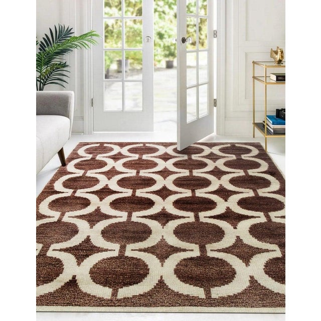 Dark Gray 6x9 Brown Hand-Knotted Wool Bamboo Silk Linked Circles Design Tribal Carpet Rug For Sale - Image 8 of 8