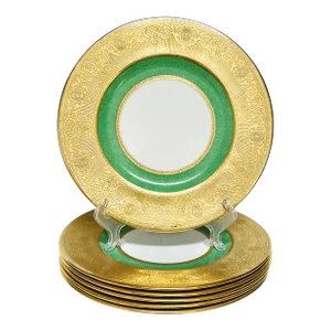 1930s English Crown Staffordshire Gilt Etched Charger/Dinner Plates- Set of 6