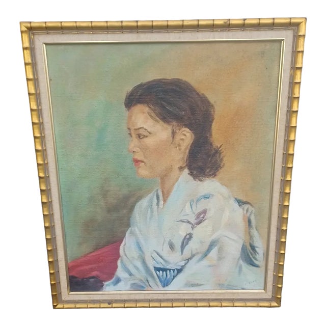 Vintage Boho Oil Painting of an Asian Woman in a Kimona For Sale